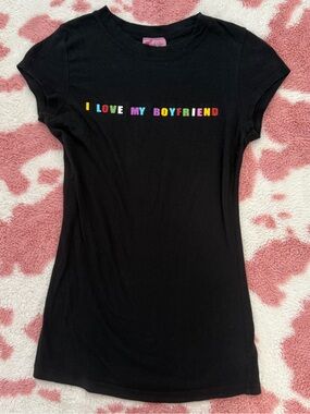 Vintage Style Y2K I Love My Boyfriend Baby Tee 💕 Black Fitted Graphic Shirt S